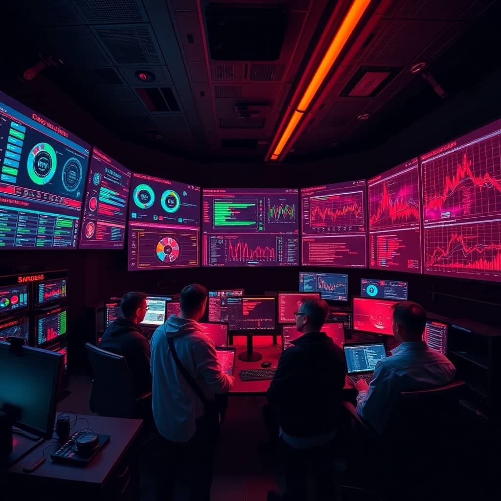 Cybersecurity professionals conducting penetration testing and red teaming in a high-tech operations center.