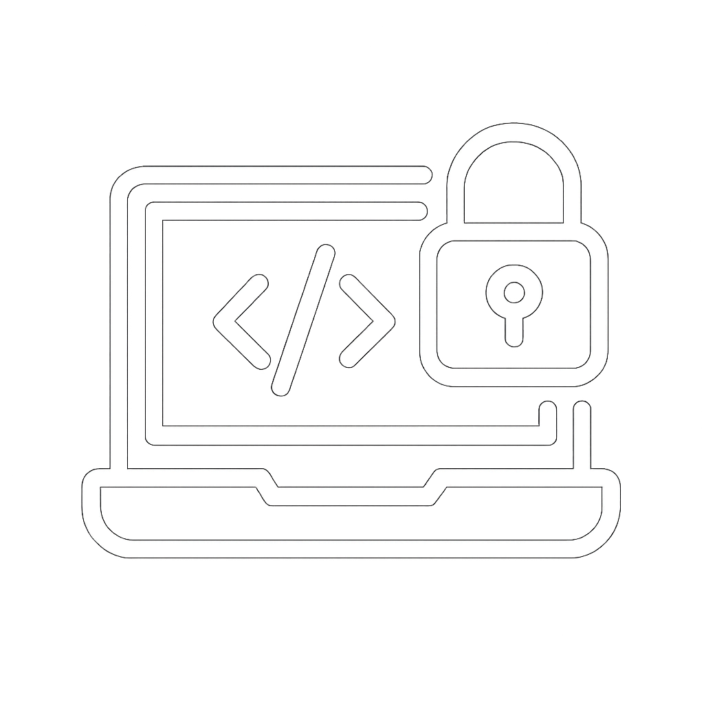 White vector icon of a laptop with code and a padlock representing secure coding and developer security best practices