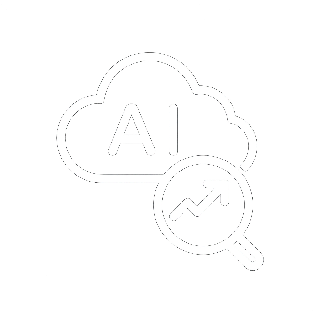 White vector icon combining a cloud, AI letters, and a magnifying glass representing LLM/AI prompt injection awareness training