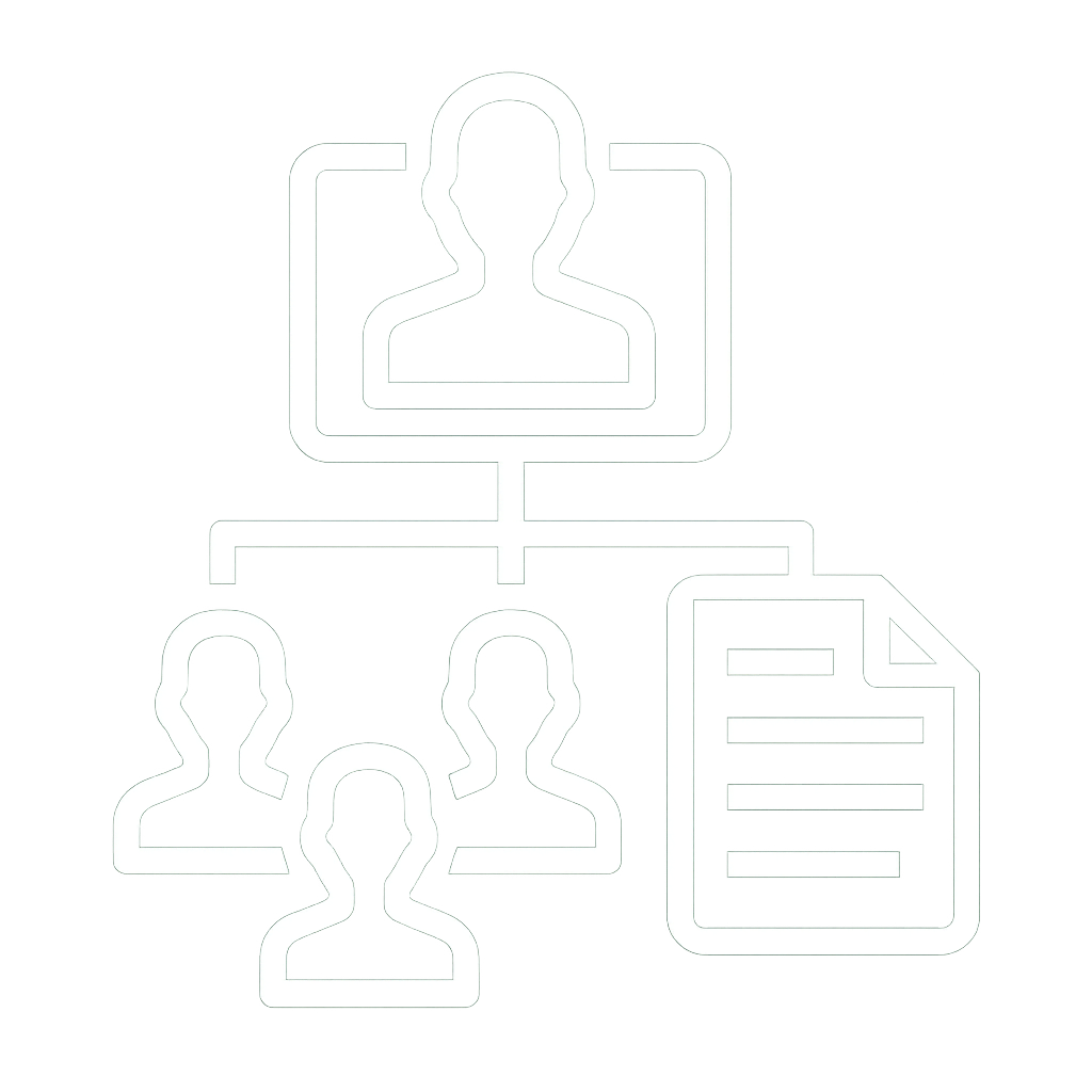 White vector icon of an organizational hierarchy with a document, symbolizing executive cybersecurity awareness and compliance training