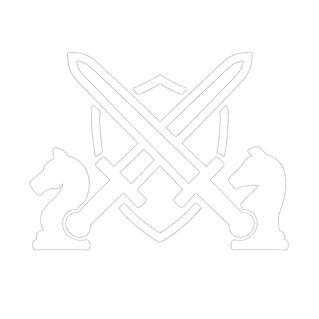 White vector icon of crossed swords and shield representing Red Team vs Blue Team cybersecurity simulations by RTCS