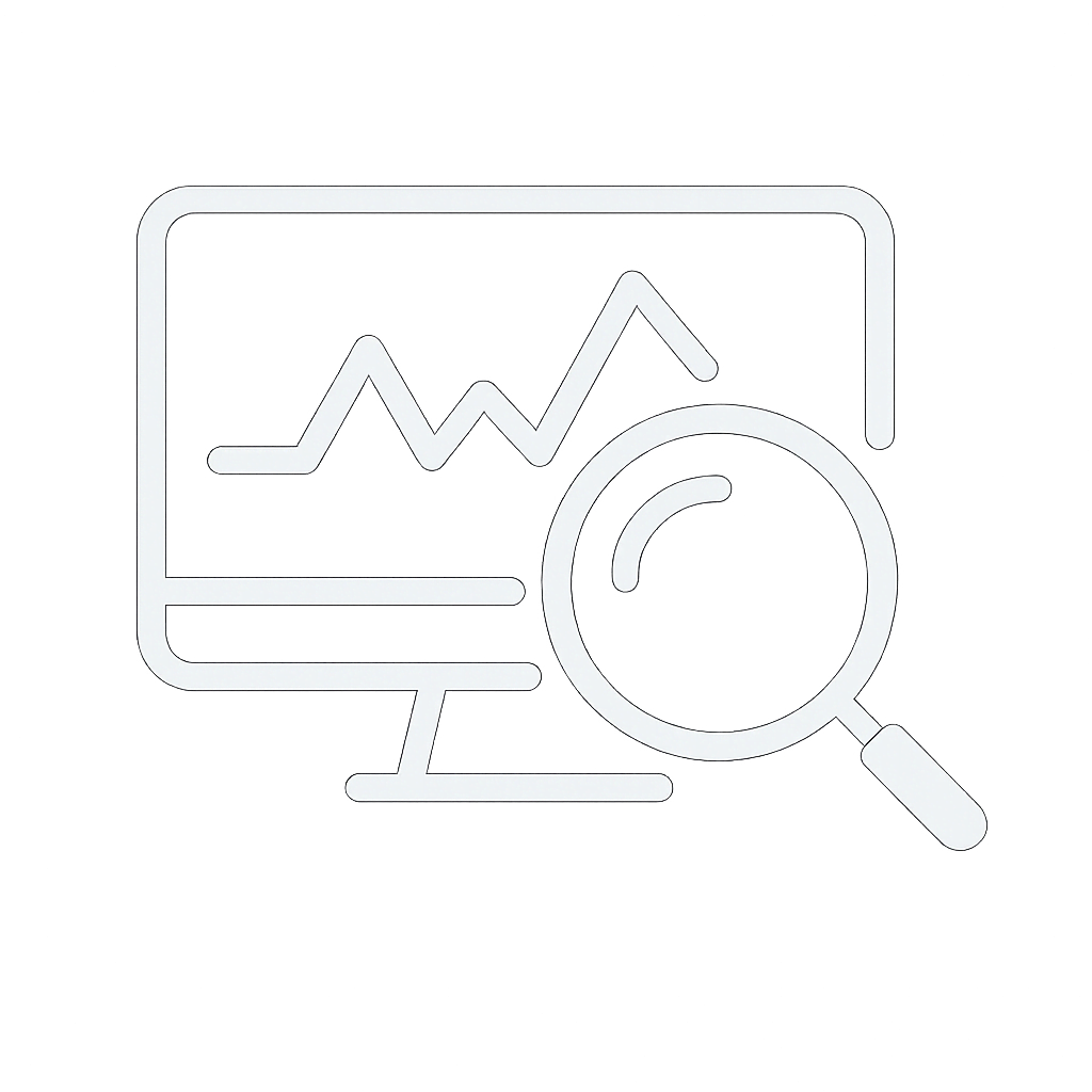 White vector icon of a magnifying glass over a monitor displaying analytics, symbolizing continuous cybersecurity monitoring.