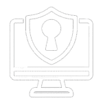 White vector icon of a shield on a monitor representing EDR and XDR cybersecurity protection"