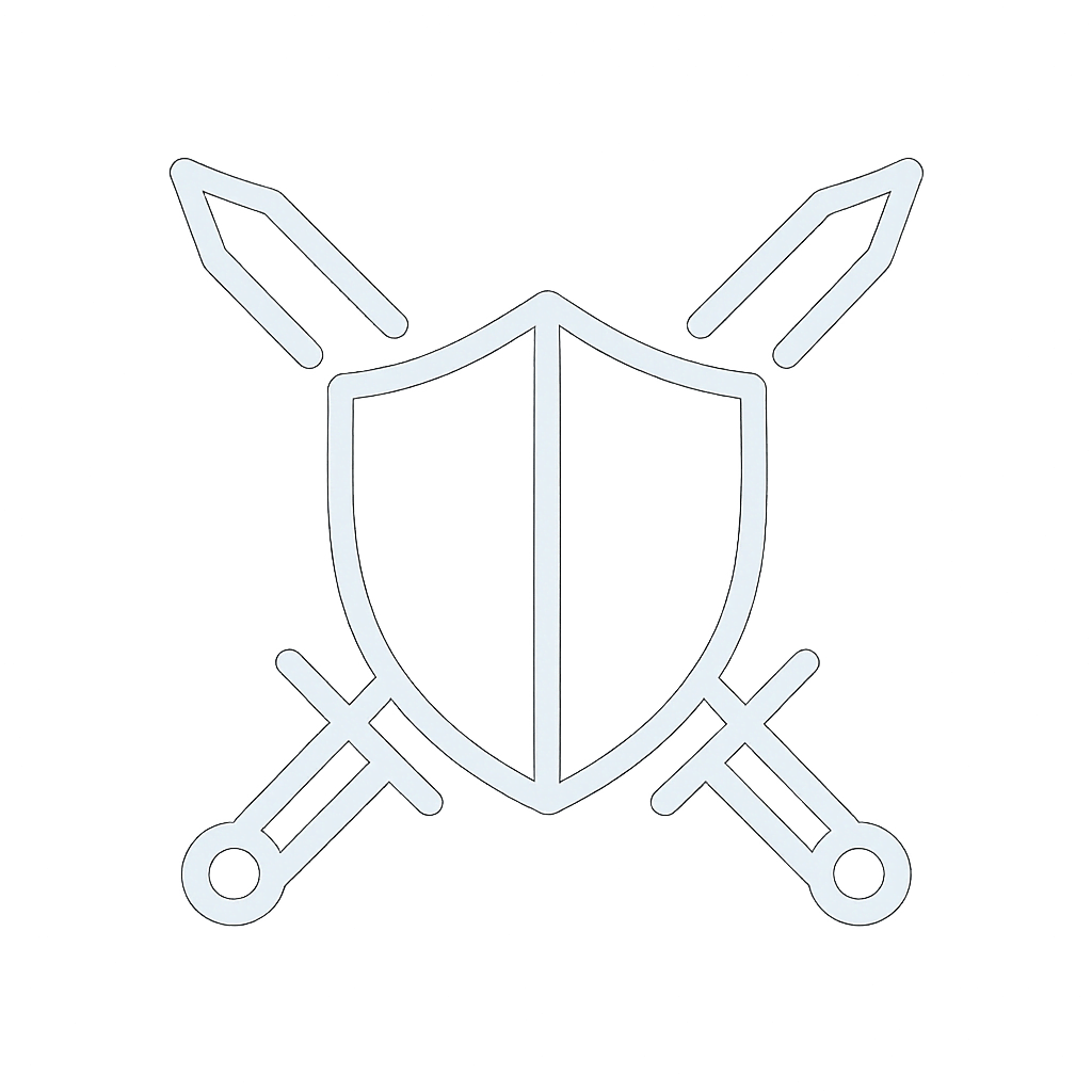 White vector icon featuring a shield with crossed swords, symbolizing incident response and rapid threat mitigation.