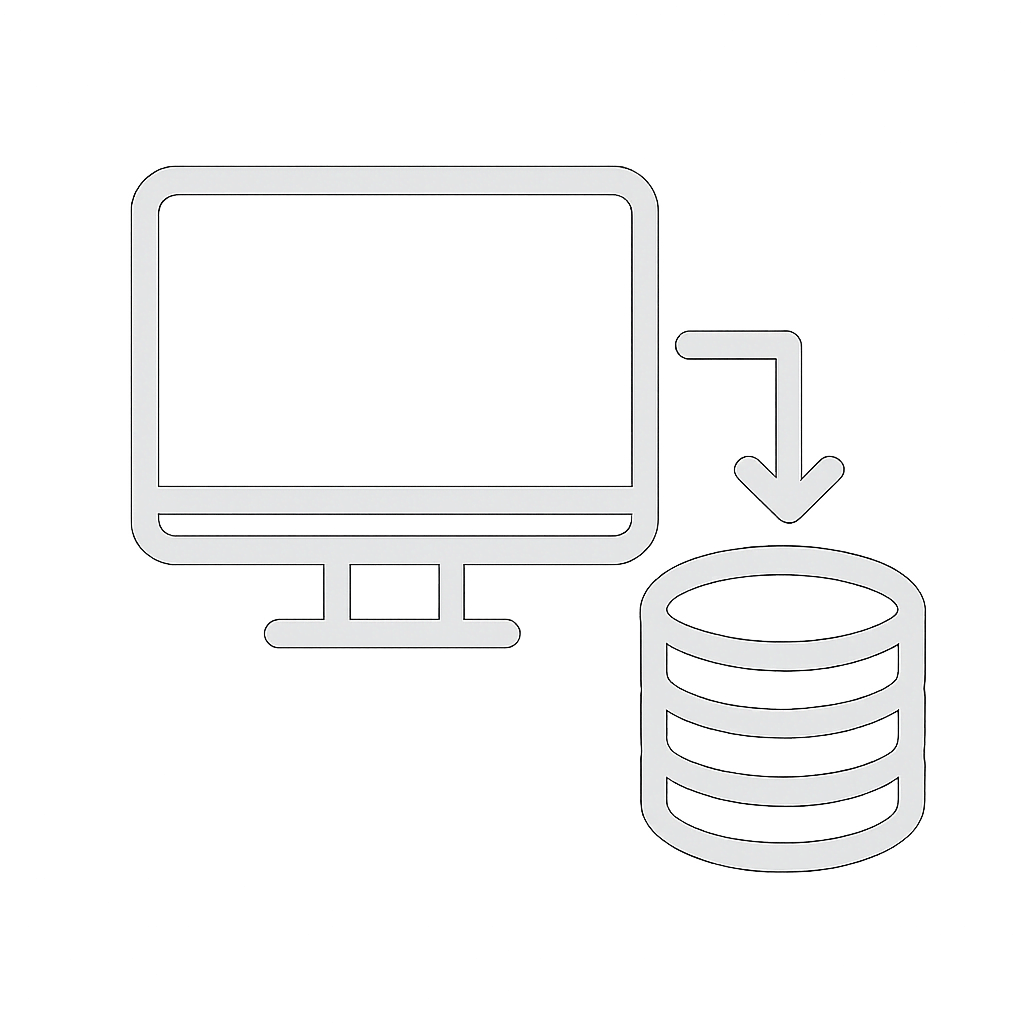 White vector icon of a computer monitor connected to a database stack, symbolizing SIEM integration.