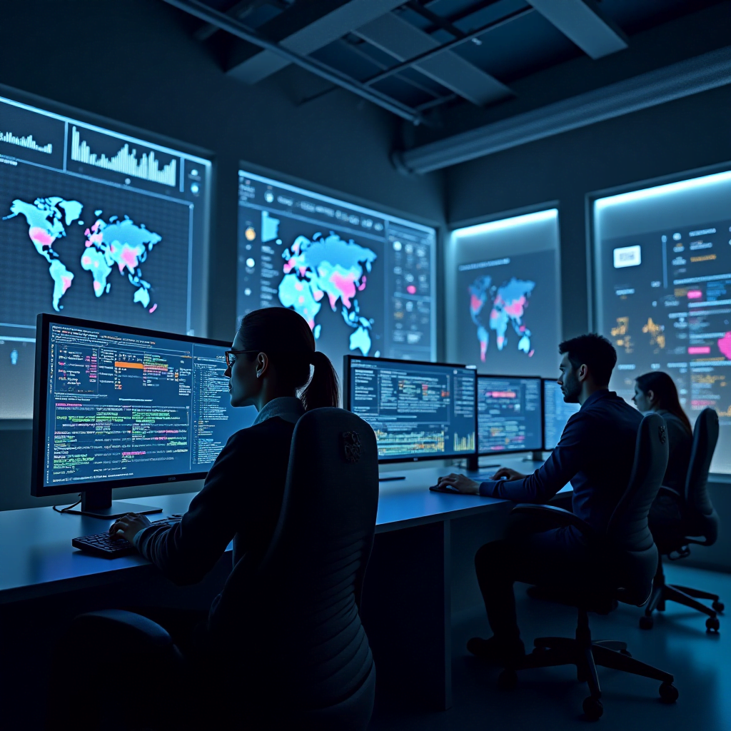 rtcs-security-operations-center-soc-monitoring Cybersecurity analysts at Red Threat Cyber Security monitoring threat data and global cyber activity in a high-tech Security Operations Center (SOC)