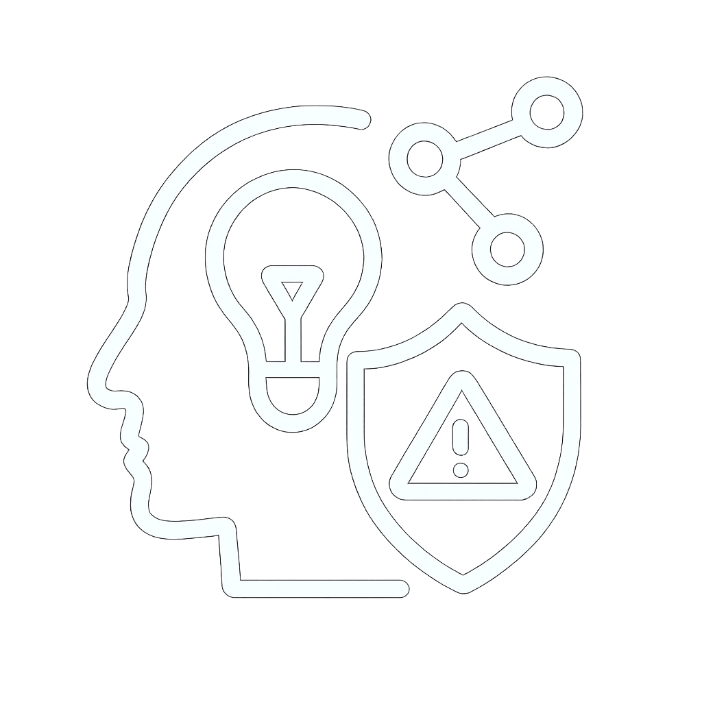 White vector icon of a human head with a lightbulb, shield, and network nodes representing threat intelligence. RTCS