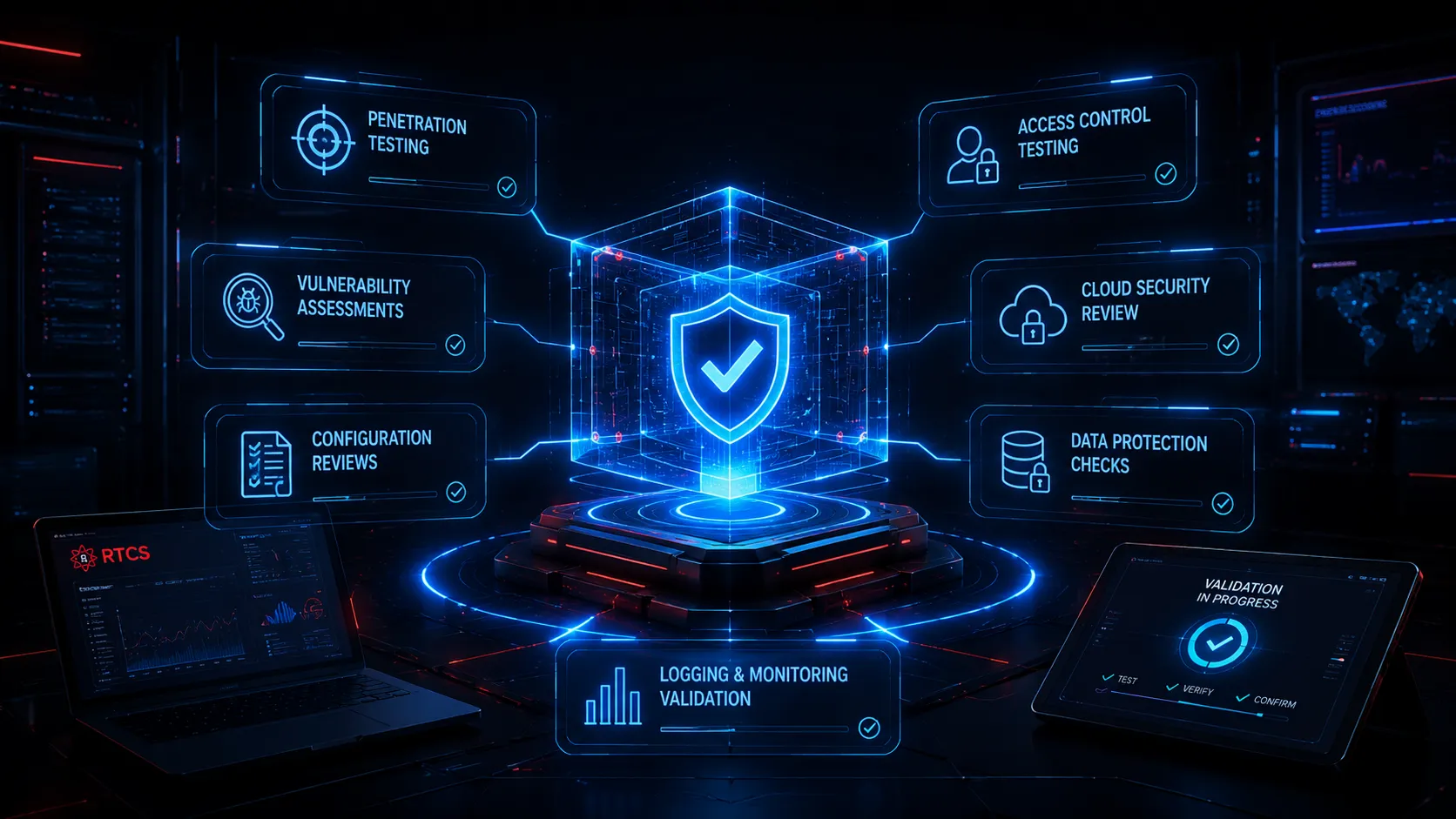 Technical security control validation dashboard with shield verification