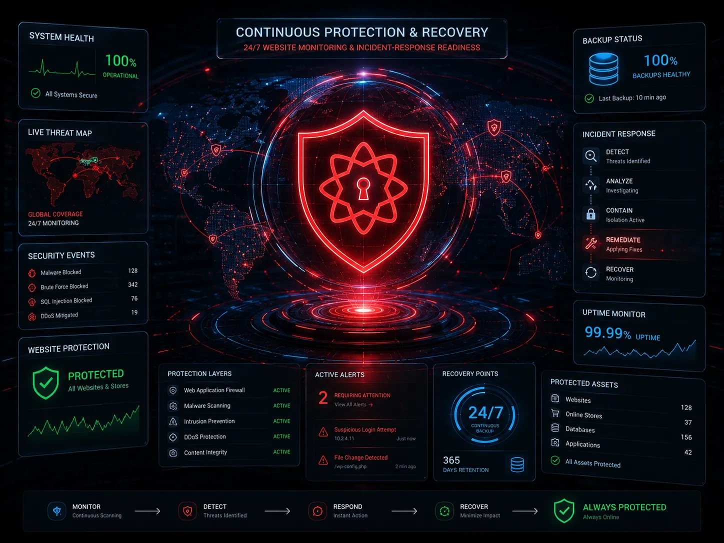Continuous website protection and recovery dashboard