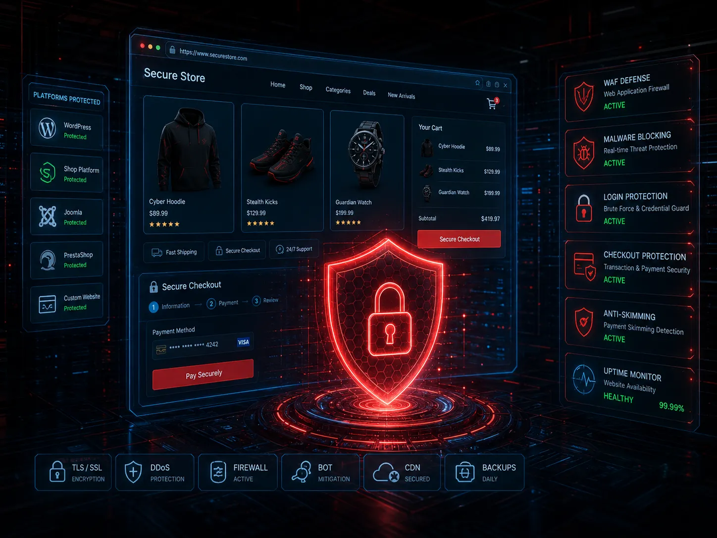 Secure storefront and e-commerce checkout protection interface